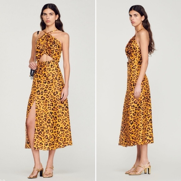 NWT SANDRO Kalinda Leopard Animal Print Slit Cut Out Tie Neck Satiny Dress 38 - Picture 3 of 15